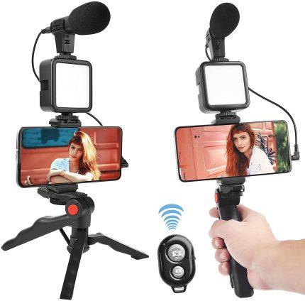 AY-49 Video Making Kit For Live Broadcast 3 In 1 With Microphone, Led Light, Mini Stand & Remote Control, Vloging Kit